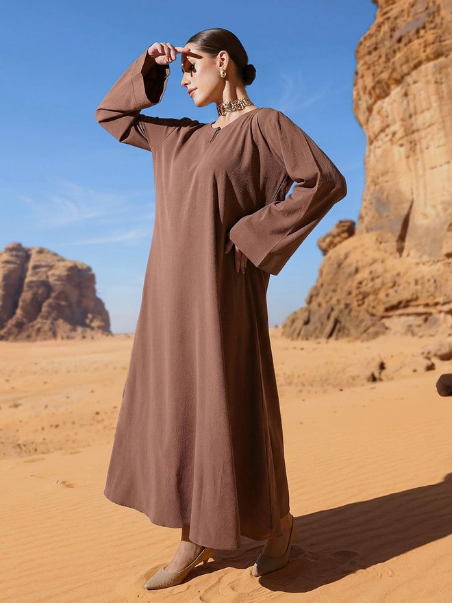 ISHIN Brown Georgette Regular Abaya with Embellished Hijab - Image 4
